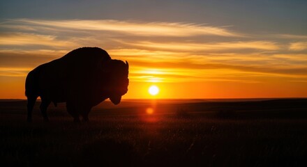 A bison silhouette stands against a brilliant, fiery sunset over the plains