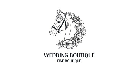 A black and white line art logo horse head with flowers & text "WEDDING BOUTIQUE