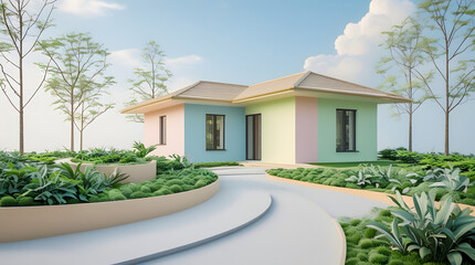 vector illustration of a minimalist modern house, clean geometric shapes, flat colors, sharp lines, large glass windows, white facade, high-detail 