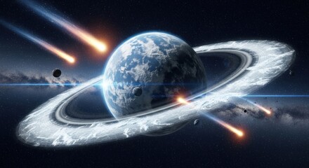 A celestial body with rings, clouds, and fiery streaks crossing the cosmos