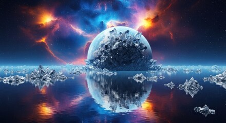 A celestial scene icy planet shattering, mirrored in water, with nebula backdrop