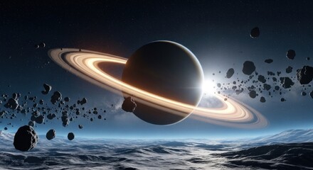 A celestial scene of a ringed planet, asteroids, and a bright star in space