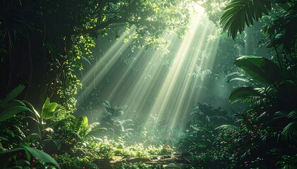 Obraz premium Sun rays pierce dense, lush jungle foliage, illuminating vibrant greens, reds, and a misty, ethereal atmosphere