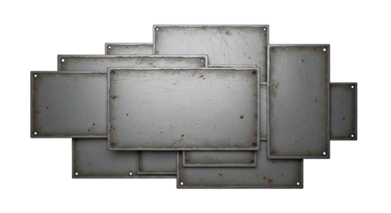 Industrial Grunge Plates: A close-up showcases a collection of aged, textured metal plates, their surfaces bearing the marks of time. This image evokes feelings of industrial history and strength.