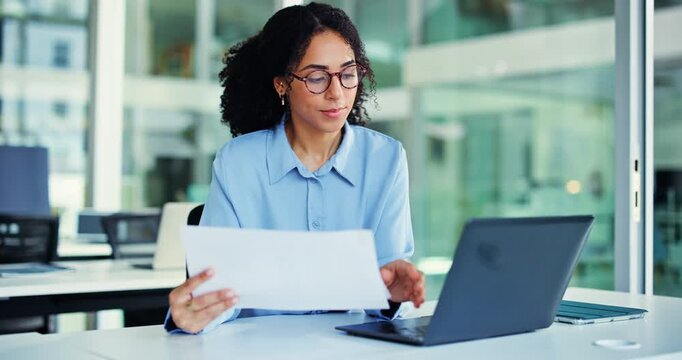 Laptop, documents and woman with typing for finance review, research and analytics. Office, tech and business person with glasses, graph and report for financial planning, audit or project budget