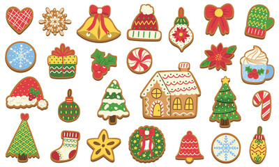 Festive holiday elements in gingerbread cookie form, including Christmas trees, wreath, bells, ornaments, snowflakes and more.