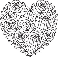 Hand-drawn doodle vector illustration of a heart-shaped wreath made of roses, love letters and small hearts in simple black and white line art, perfect for Valentine&rsquo;s Day, romantic designs and colori