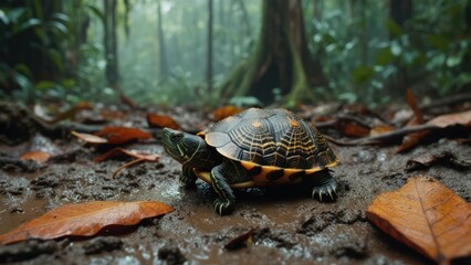 Obraz premium A small tortoise navigates muddy terrain amidst vibrant foliage and a dense, misty forest backdrop
