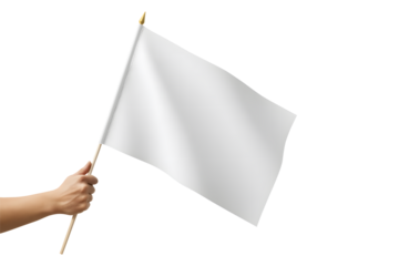 Hand holding a small waving white blank flag for mockup isolated on a white background