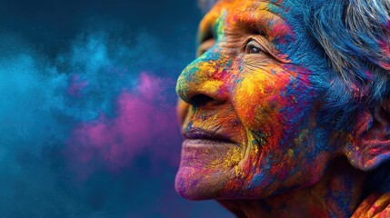 Older indian happy woman covered in bright Holi pigments, gulal clouds