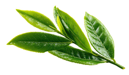 Fresh green tea leaves branch with water droplets on the surface isolated on transparent background