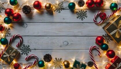 Festive Christmas Holiday Frame with Colorful Decorations, Twinkling Lights, and Candy Canes on a Rustic Wooden Background, Perfect for Copy Space