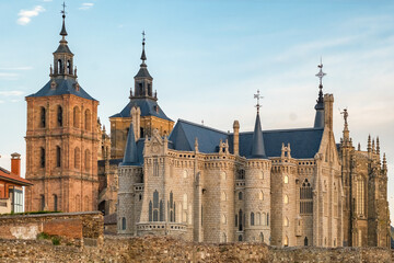 Medieval facade of Episcopal Palace at sunrise Astorga Castilla y Leon Spain