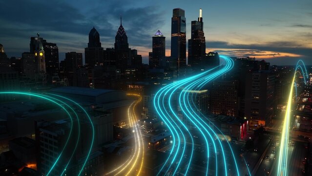 Digital data streams over a smart city at dusk with glowing network lines showing fast high-tech connectivity - Powered by Adobe