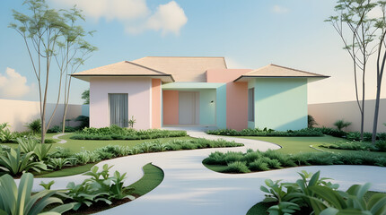 vector illustration of a minimalist modern house, clean geometric shapes, flat colors, sharp lines, large glass windows, white facade, high-detail 