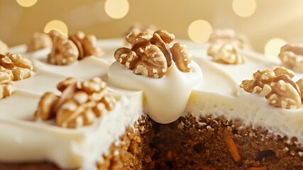A delectable close-up reveals a beautifully frosted cake, generously adorned with whole walnut pieces. The rich, moist texture of the cake is enhanced by a thick layer of creamy white frosting, creati