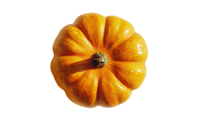 Single orange pumpkin with prominent ribs and a small stem viewed from above isolated on transparent background