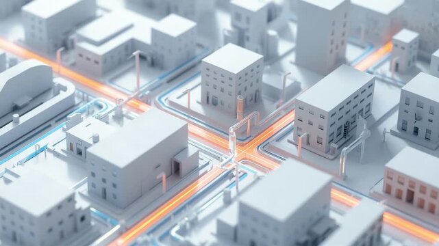 3d city map model with simplified white buildings and orange transportation routes