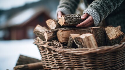 Hands arranging firewood in wicker basket on snowy winter background — ideal for firewood delivery, home heating and seasonal preparation content.