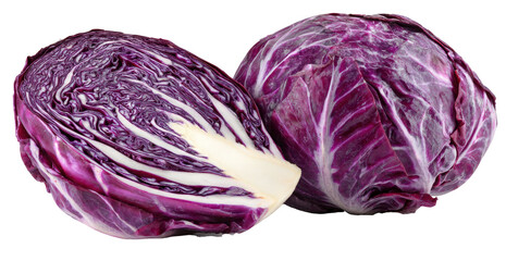 Fototapeta premium Two fresh red cabbages one whole and one half showing its inner layers isolated on transparent background