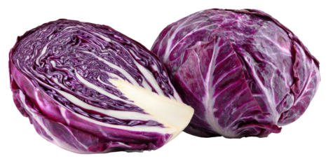 Two fresh red cabbages one whole and one half showing its inner layers isolated on transparent background