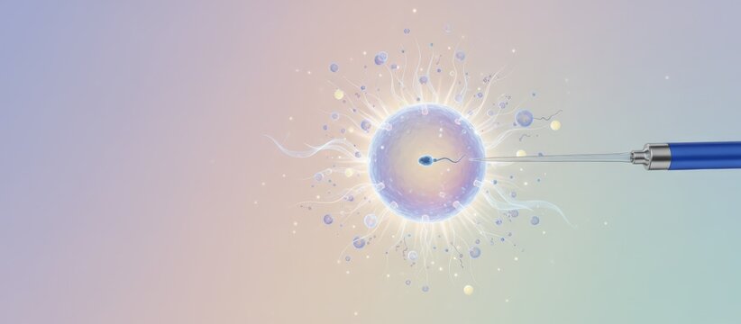 Intracytoplasmic sperm injection - icsi - process showing a sperm being injected into a human ovum with a pipette, representing fertility treatment, fertilization, and new life creation