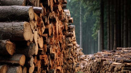 Stacked firewood logs in forest background — ideal for firewood delivery, home heating and seasonal preparation content.