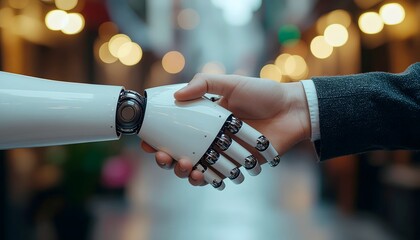 Human and robotic arm handshake symbolizing future business collaboration and technological integration