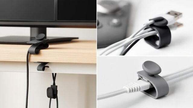 Cable organizers on a desk showing various views and applications, keeping cables tidy