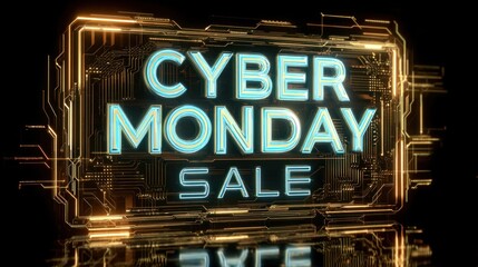 A vibrant digital design featuring "Cyber Monday Sale" in illuminated text, set against a dark, high-tech background.