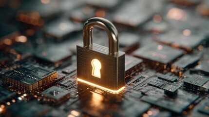 A digital padlock sits on a circuit board, symbolizing cybersecurity and protection of data in a technology-driven world.