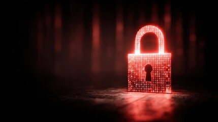 A digital lock glows in red, surrounded by a backdrop of binary code, symbolizing cybersecurity and data protection.
