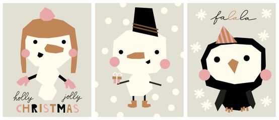 Whimsical winter greeting card village illustration with cheerful snowman, penguin and festive elements. Cozy holiday design perfect for greeting postcards, invitations, and seasonal decorations.