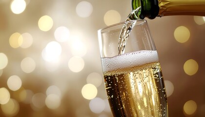 Golden sparkling wine being poured into an elegant glass at a festive celebration with bokeh lights