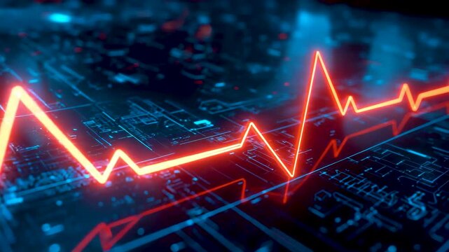 Red glowing electrocardiogram pulse line over digital blue circuit background