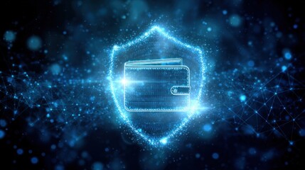 A digital wallet surrounded by a protective shield, depicted with blue glowing particles and a high-tech design, symbolizing security in online transactions.