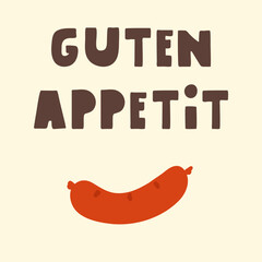 German Sausage Illustration. Vector art of sausage with text Guten Appetit. Perfect for German restaurant marketing, beer garden graphics and food festival materials.