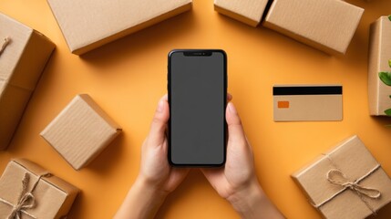 A person holds a smartphone above cardboard boxes and a credit card, symbolizing online shopping and delivery services.