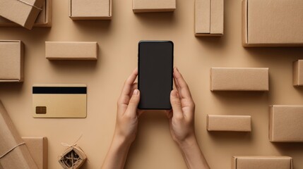 A hands-on smartphone above a collection of brown packages, suggesting online shopping or delivery in a minimalist setting.