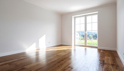 Obraz premium Sunny empty room with elegant hardwood floor and large window, ideal for modern home design