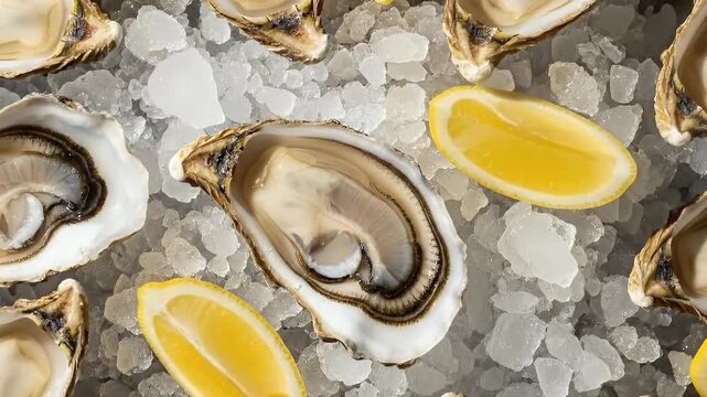 A vibrant overhead shot showcases freshly shucked oysters nestled elegantly on a glistening bed of crushed ice, perfectly complemented by bright yellow lemon wedges. The natural light highlights the d