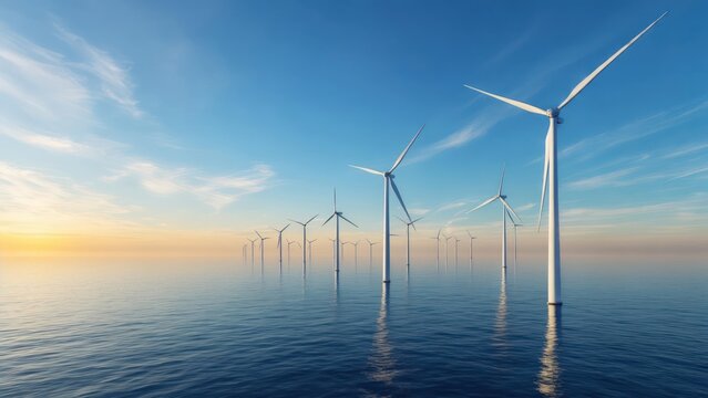 Offshore wind turbines extend into the horizon, generating clean energy over tranquil waters