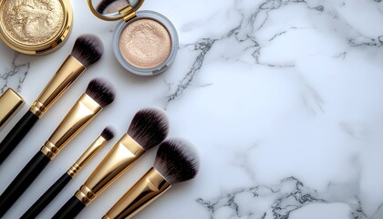 Overhead shot of essential gold and black makeup brushes with cosmetic compacts on white marble