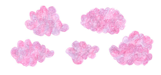Colorful oil pastel drawing fluffy pink and lilac cloud elements. Hand painted with crayon pencils cream textured cloudscape for kids sky print design, patterns, stickers, dream bubbles