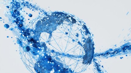 A digital representation of a blue, interconnected globe surrounded by dynamic particles, symbolizing technology and connectivity.