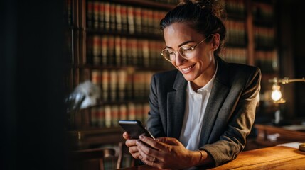 A professional woman smiles while using her smartphone in a cozy library filled with law books, reflecting a modern and engaged lifestyle.