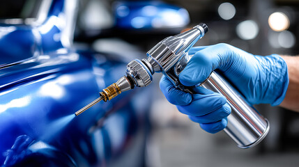 A gloved hand of a car painter using a spray gun sprays blue paint onto a car body. The painter is painting a car part blue.