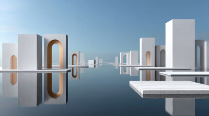 Naklejka premium Modern white geometric architecture with arches and columns reflected on calm water under clear blue sky, serene and minimalistic scene