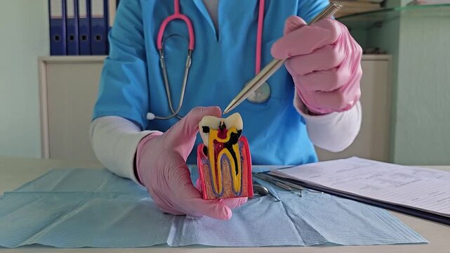 Dental professional explains tooth anatomy with a model in a clinic setting