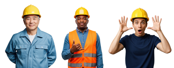Diverse group of three male construction workers wearing yellow hard hats, showcasing different emotions and gestures against a transparent background, representing a multicultural workforce.